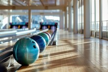 Row Of Colorful Bowling Balls On Wooden Surface. Suitable For Sports And Leisure Concepts