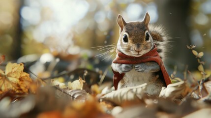 Wall Mural - Cute squirrel wearing a scarf in autumn leaves, perfect for seasonal designs