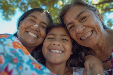 Poster - Three women of different ages smiling at the camera. Suitable for family and generations concepts