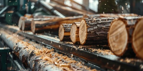 Wall Mural - Pile of logs on industrial conveyor belt. Perfect for lumber industry concepts