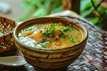 Wall Mural - A nutritious bowl of homemade vegetable soup garnished with fresh herbs on a woven table mat. Hearty Vegetable Soup in Ceramic Bowl