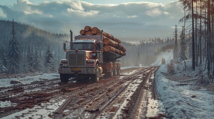 Wall Mural - A large truck driving on a snow covered road. Suitable for winter transportation themes