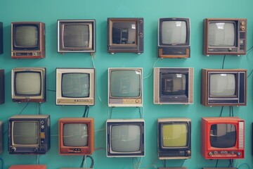 Wall Mural - a collection of vintage televisions mounted on a wall. ideal for retro technology concepts