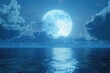 Full moon rising over a calm body of water. Suitable for nature and night sky themes