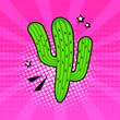 Comic cactus icon, summer mexican succulent, tropical plant on pink background, fun mascot in pop art style. Cartoon vector illustration