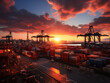 Industrial port with containers at sunset in vibrant colors