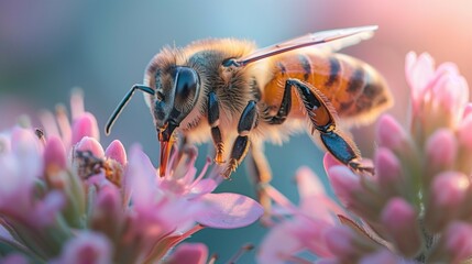 Wall Mural - Essential Interaction: Bee Pollinating with Soft-focus Background, generative ai