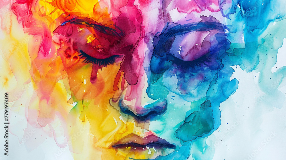 Woman's face abstract watercolor illustration on the paper with copy ...