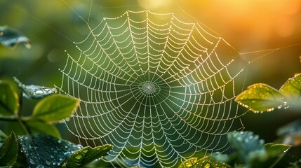 Glistening Spider Web in Greenery, generative ai