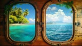 Fototapeta  - Two ship windows overlooking an island or tropical sea. Travel and adventure concept