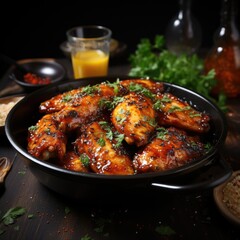 Wall Mural - An image of Indian Cuisine Baked Chicken Wings in pain on table Generative AI