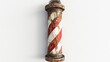 Isolated on a white background, an vintage and worn barbershop pole with red and white stripes