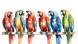 Row of colorful macaw parrots sitting on branch illustration.