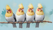 Row of colorful cockatiels sitting on branch illustration.