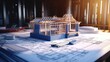Blueprints representing architectural development with miniature luxury house 