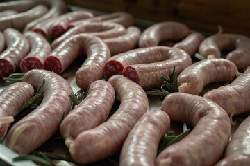 Wall Mural - sausage, food, meat, isolated, white, pork, fresh, raw, meal, frankfurter, beef, sausages, snack, hot, dog, potato, smoked, fat, closeup, vegetable, wurst, tasty, breakfast, dinner, cooked