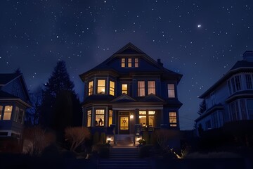 From the sky, a majestic craftsman-style house facade adorned with deep navy blue, standing out against the starry night sky.