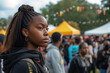 Black student girl on local fest, street market, at city festival, on campus, party