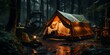 Camping in the woods at night with a tent and a raining