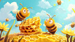  cartoon bees working on a honeycomb on a bright sunny day with a blue sky and clouds in the background