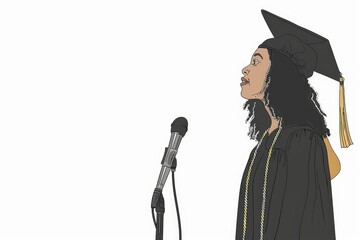 a graduate wearing a graduate cap speaks in front of a microphone. speaker. give a speech. Master's degree. bachelor. graduation