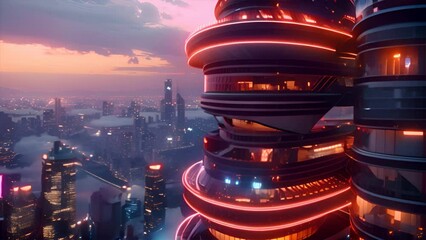 Wall Mural - Futuristic skyscraper with dynamic lighting, curvilinear forms, and interactive facades, neon accents at twilight, bustling city life