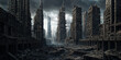 Highly detailed post apocalyptic city in total ruin, destroyed and damaged buildings with debris on the streets, abandoned and derelict grim future dystopia.	