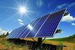 Solar panels close up technology against a blue sky with sun, sustainable and renewable energy sources.