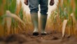 Farmer in jeans and boots walks between wheat fields. Golden crops sway gently, framing the path trodden by sturdy green wellingtons.