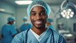 Smiling surgeon stands confidently in an operating room. The professional gazes out, pride evident, as colleagues work diligently behind.
