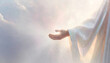 Gentle hand of a divine figure of God reaches out from heavenly clouds. Holy Jesus Christ offering comfort and guidance.