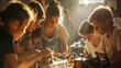 A group of children gathered around a robotics worktable, intently assembling a robot with various parts. Sunlight streams through a nearby window, casting soft shadows and illumin