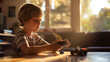 A child holding a remote control, focusing intently on the robot moving across the table towards an obstacle course they've set up. The sunlight streaming in highlights the anticip