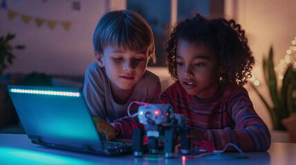 two children collaborating on programming their robot on a laptop, their faces lit by the screen's g