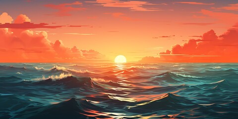 Wall Mural - Sunset in the sea with waves and clouds. illustration.