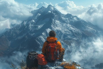 Poster - A serene mountaintop, where one adventurer breathes deeply, exhilarated by the breathtaking view, while another sits quietly, contemplating the vastness of the world.  Generative Ai.