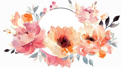 Illustration watercolor beautiful pink and orange rose bouquet on circle frame design. AI generated