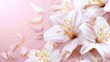Closeup detailed of white flower petals with yellow stamens on a soft pink background. AI generated