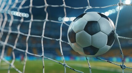 Wall Mural - Close up detailed a soccer ball goal in soccer net in a match on the stadium. AI generated image