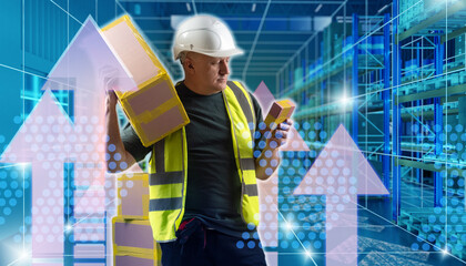 Wall Mural - Man warehouse worker. Supervisor standing in storage room. Up arrows near warehouse manager. Storekeeper with cardboard boxes. Contractor in warehouse staff uniform. Man storekeeper stands in hangar
