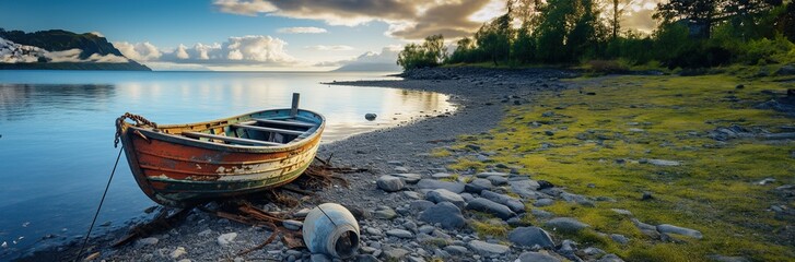 Old rusty fishing boat edge of lake