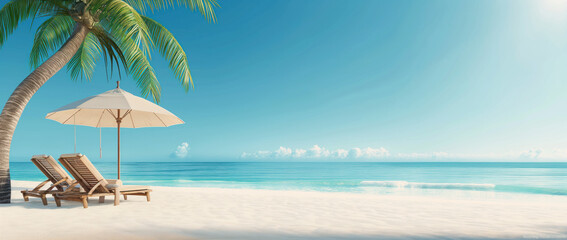 Relaxing view on a tropical beach with palms and umbrellas. Beautiful sun set. Summer vacation and travel concept.