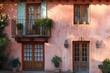 A charming craftsman-style house facade in light terracotta, capturing the warmth of a Mediterranean sunset.