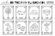 Farm flashcards black and white collection with cute characters and other agriculture elements. Flash cards set in outline for practicing reading skills. Vector illustration