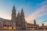 Fototapeta Morze - Santiago de Compostela Cathedral at sunrise with main square Praza do Obradoiro, Galicia, Spain. Galician gothic church. Popular touristic landmark with no people