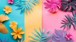Creative flat lay of tropical paper cut flora arranged on a split background with vibrant blue, yellow, and pink sections...
