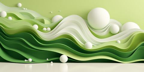 Sticker - Eco background 3D, volumetric green and white waves, eco concept