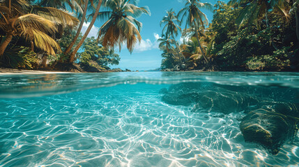 Wall Mural - half under water picture remote tropical island beach, hyper realistic 