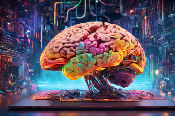 Colorful fantastic brain shaped chip on the motherboard. Symbolic processor of artificial intelligence controlling humanity.