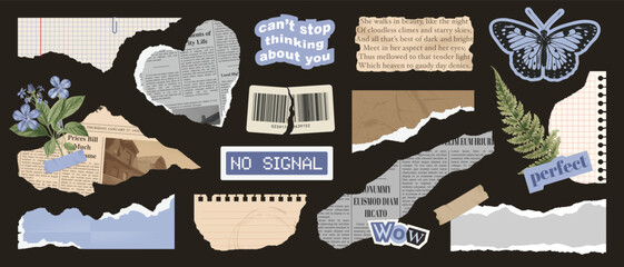 trendy collage vector collection. set of torn notepaper, old newspaper, cut gazette, collage rip ele